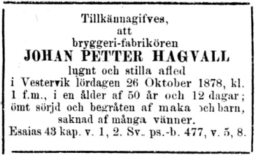 Dödsannons för Johan Petter i Gotlands Allehanda (införd 2 nov 1878)