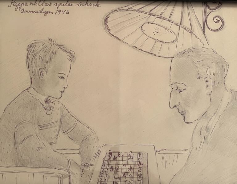 Ingas teckning av när Clas och Wille spelar schack, annandagen 1946